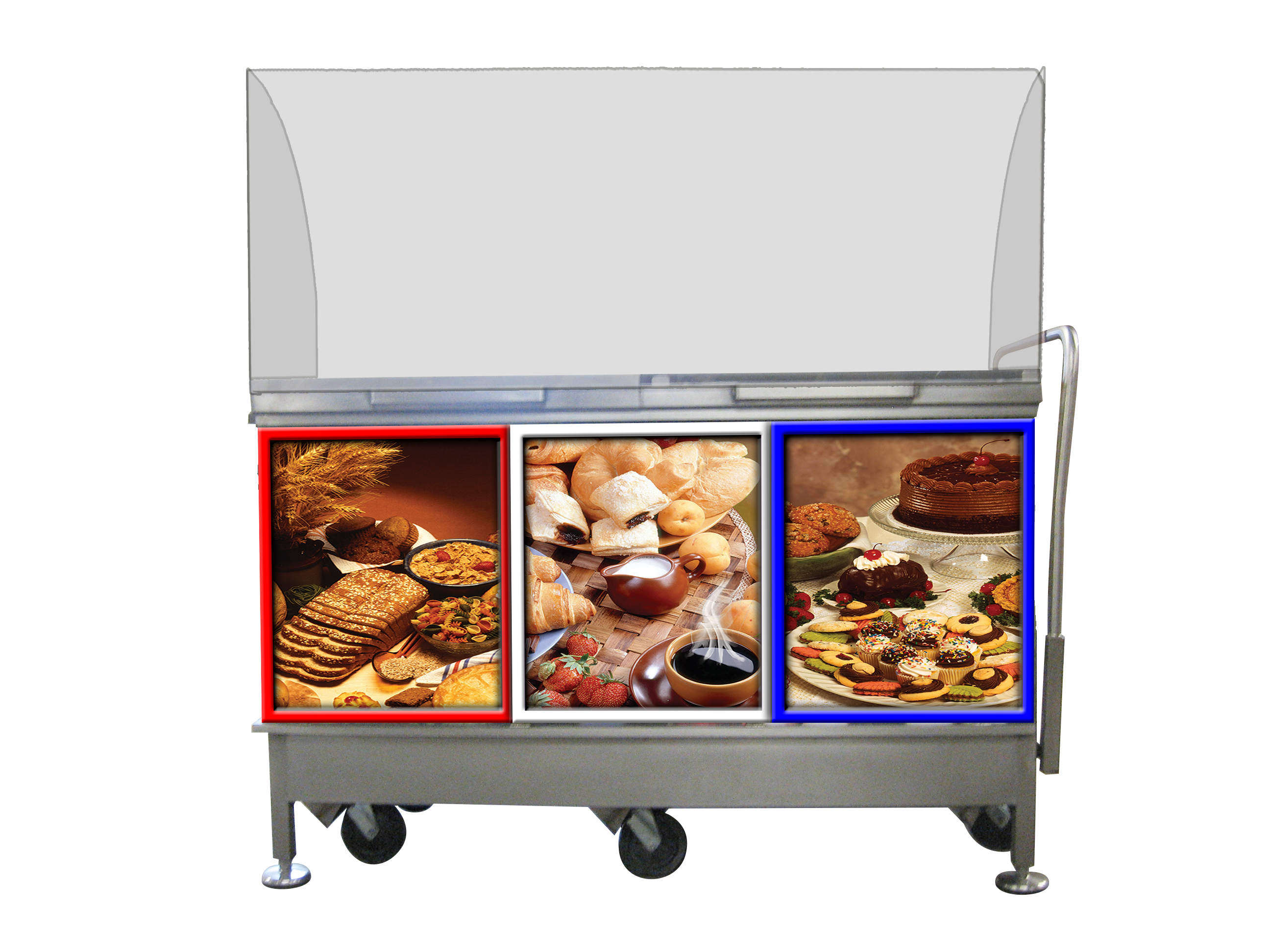 Customer Side of Face to Face Fresh® Mobile Retractable Wheel Demonstration Theatre Demo Cart / Engagement Center® with red, white and blue framed 3-panel bakery graphics