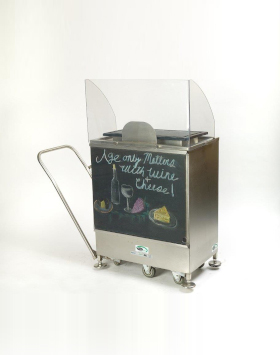 Mobile Charcuterie Demonstration Cart with Chalkboard Graphics Panel Customer Side with handle engaged