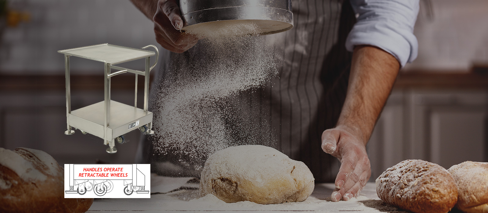 Slider background image with bread slicer table. Man making bread in background.