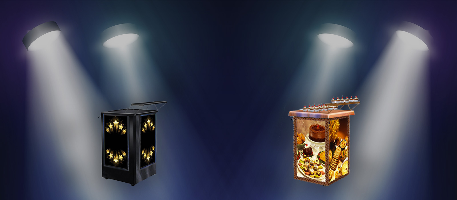 Slider background image with 2 bakery carts under a spotlight